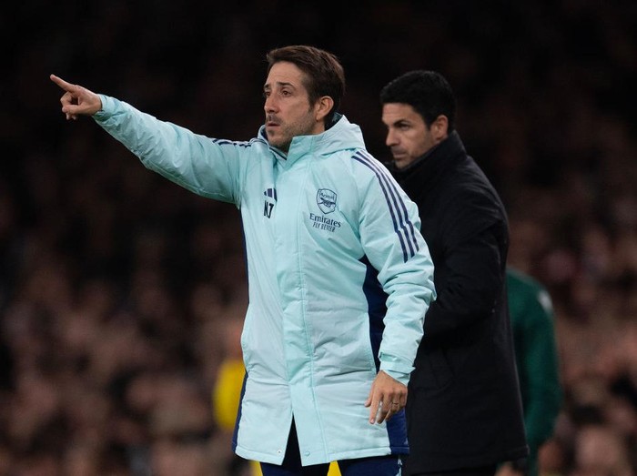 LONDON, ENGLAND - OCTOBER 22:  Arsenal set piece coach Nicolas Jover and manager Mikel Arteta (right) during the UEFA Champions League 2024/25 League Phase MD3 match between Arsenal FC and FC Shakhtar Donetsk at Emirates Stadium on October 22, 2024 in London, England. (Photo by Visionhaus/Getty Images)
