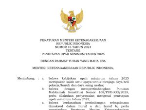 Permenaker No 16 Tahun 2024: Isi Aturan UMP 2025 dan Link PDF Permenaker No 16 Tahun 2024: Isi Aturan UMP 2025 dan Link PDF