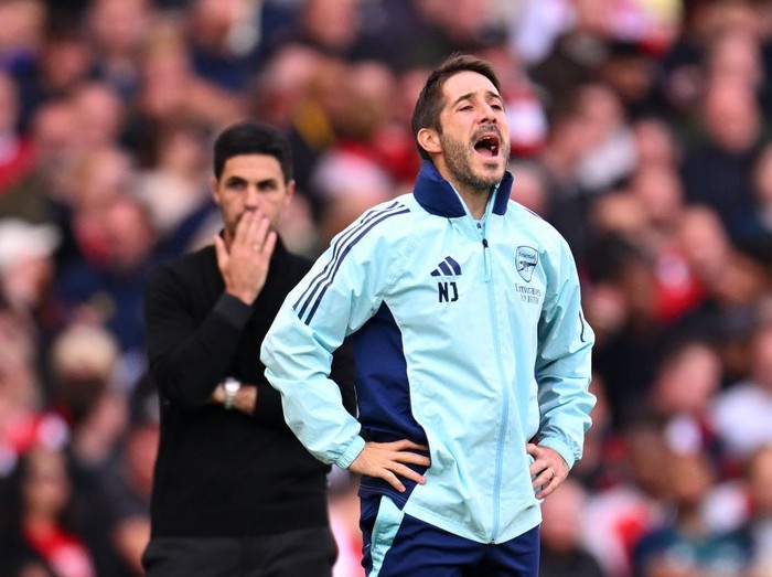 LONDON, ENGLAND - OCTOBER 05: Nicolas Jover, coach of Arsenal reacts during the Premier League match between Arsenal FC and Southampton FC at Emirates Stadium on October 05, 2024 in London, England. (Photo by Stuart MacFarlane/Arsenal FC via Getty Images)