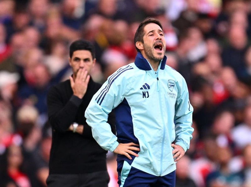 LONDON, ENGLAND - OCTOBER 05: Nicolas Jover, coach of Arsenal reacts during the Premier League match between Arsenal FC and Southampton FC at Emirates Stadium on October 05, 2024 in London, England. (Photo by Stuart MacFarlane/Arsenal FC via Getty Images)