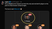 Rating Andre Onana paling kecil, tapi warnanya merah seperti MU. (Foto: Twitter @_CFCLegion)