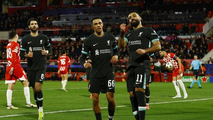 Soccer Football - Champions League - Girona v Liverpool - Estadi Montilivi, Girona, Spain - December 10, 2024 Liverpools Mohamed Salah celebrates scoring their first goal REUTERS/Albert Gea