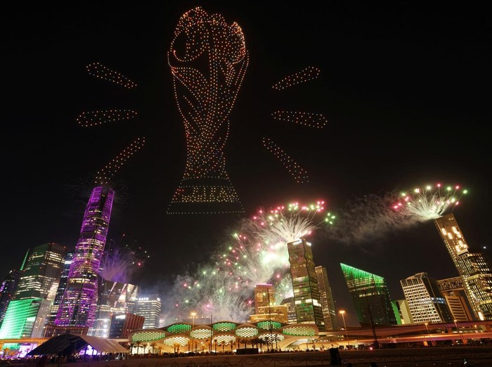 Soccer Football - FIFA confirm Saudi Arabia as 2034 World Cup hosts, Riyadh, Saudi Arabia - December 11, 2024 A drone show is seen displaying the FIFA World Cup Trophy as Saudi Arabia is announced as the host nation for the FIFA World Cup 2034 Saudi Arabia Football Association/Handout via REUTERS  ATTENTION EDITORS - THIS IMAGE HAS BEEN SUPPLIED BY A THIRD PARTY.
