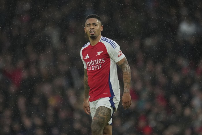 Arsenals Gabriel Jesus reacts during the English Premier League soccer match between Arsenal and Nottingham Forest at Emirates Stadium in London, Saturday, Nov. 23, 2024. (AP Photo/Kin Cheung)