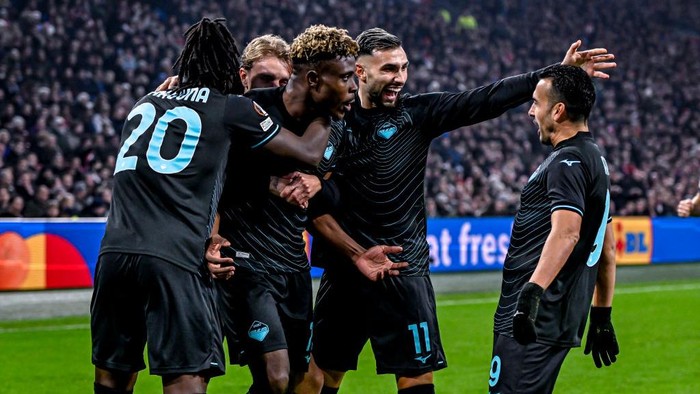 Lazio midfielder Fisayo Dele-Bashiru celebrates the 1-2 goal during the match between Ajax and Lazio at the Johan Cruijff ArenA for the UEFA Europa League - League phase - Matchday 6 of the 2024-2025 season in Amsterdam, Netherlands, on December 12, 2024. (Photo by Stefan Koops / EYE4images/NurPhoto via Getty Images)