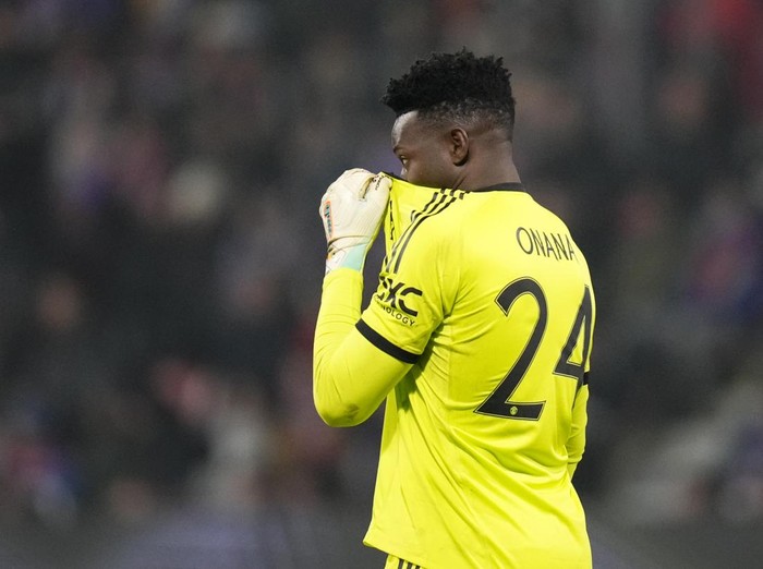 Manchester United's goalkeeper Andre Onana reacts during the Europa League soccer match between Viktoria Plzen and Manchester United at the Doosan Arena in Plzen, Czech Republic, Thursday, Dec. 12, 2024. (AP Photo/Petr David Josek)