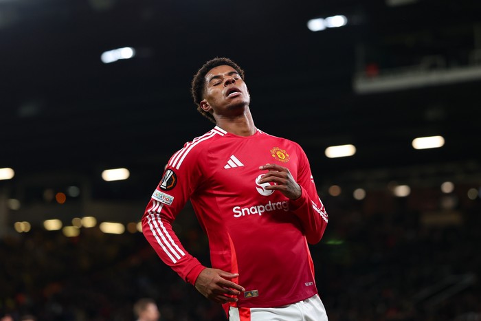 MANCHESTER, ENGLAND - NOVEMBER 28: Marcus Rashford of Manchester United during the UEFA Europa League 2024/25 League Phase MD5 match between Manchester United and FK Bodo/Glimt at Old Trafford on November 28, 2024 in Manchester, England. (Photo by Marc Atkins/Getty Images)