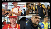 Tentu saja 115 juga jadi jumlah dakwaan buat Man City. Meme ini mengimajinasikan nasib personil City kalau klub itu kena degradasi. Foto: dok. Internet/X (Twitter)