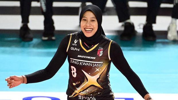 Opposite Red Sparks Megawati Hangestri Pertiwi saat melawan Hyundai Hillstate di Liga Voli Korea.