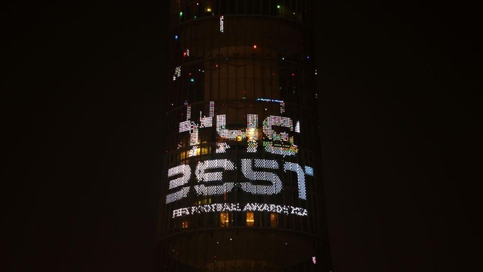 DOHA, QATAR - DECEMBER 17: General view as The Best FIFA Football Awards 2024 logo is projected on to the Torch Tower after the The Best FIFA Football Awards 2024 at Aspire Academy on December 17, 2024 in Doha, Qatar. (Photo by Christopher Pike - FIFA/FIFA via Getty Images)