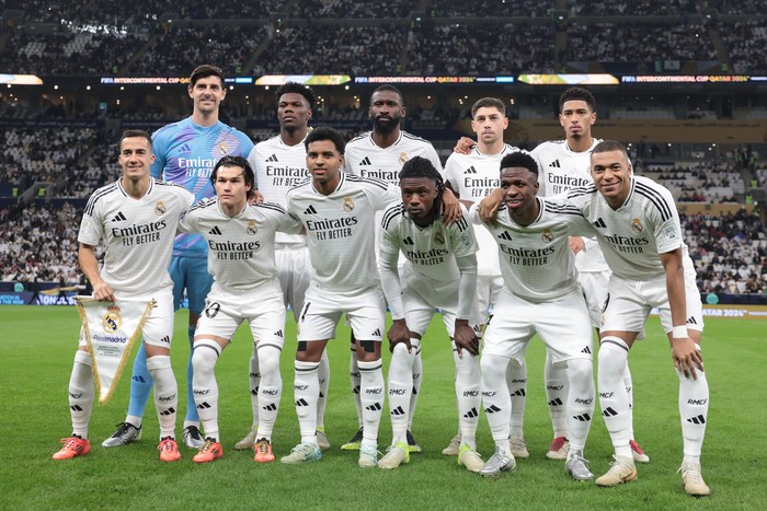 DOHA, QATAR - DECEMBER 18: Real Madrid players pose for a team photo on the pitch ahead of the FIFA Intercontinental Cup between Real Madrid and CF Pachuca at Lusail Stadium on December 18, 2024 in Doha, Qatar.  (Photo by Mohamed Farag - FIFA/FIFA via Getty Images)