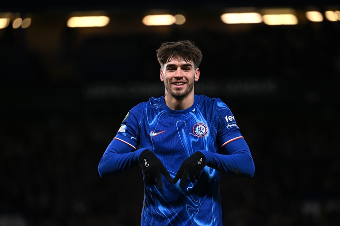 LONDON, ENGLAND - DECEMBER 19: Marc Guiu of Chelsea celebrates scoring his teams second goal during the UEFA Conference League 2024/25 League Phase MD6 match between Chelsea FC and Shamrock Rovers FC at Stamford Bridge on December 19, 2024 in London, England. (Photo by Darren Walsh/Chelsea FC via Getty Images)