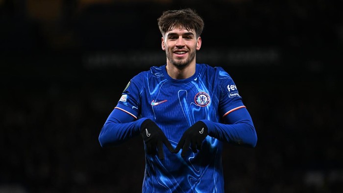 LONDON, ENGLAND - DECEMBER 19: Marc Guiu of Chelsea celebrates scoring his teams second goal during the UEFA Conference League 2024/25 League Phase MD6 match between Chelsea FC and Shamrock Rovers FC at Stamford Bridge on December 19, 2024 in London, England. (Photo by Darren Walsh/Chelsea FC via Getty Images)