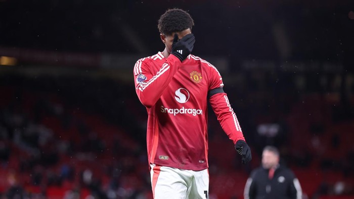 MANCHESTER, ENGLAND - DECEMBER 07: Marcus Rashford of Manchester United reacts after the Premier League match between Manchester United FC and Nottingham Forest FC at Old Trafford on December 07, 2024 in Manchester, England. (Photo by Alex Livesey - Danehouse/Getty Images)