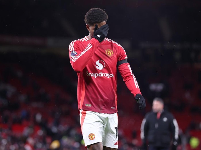 MANCHESTER, ENGLAND - DECEMBER 07: Marcus Rashford of Manchester United reacts after the Premier League match between Manchester United FC and Nottingham Forest FC at Old Trafford on December 07, 2024 in Manchester, England. (Photo by Alex Livesey - Danehouse/Getty Images)