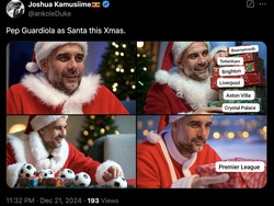 Aksi Pep Guardiola sebagai sinterklas pada Natal kali ini. Foto: dok. Internet/X (Twitter)