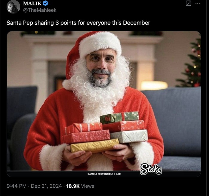 Meme Pep Guardiola Jadi Sinterklas, Bagi-bagi Kado 3 Poin