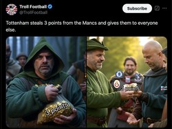 Meme Tottenham bagaikan Robin Hood. Klub kota Manchester jadi korbannya, lalu hasil poin curian dibagikan cuma-cuma ke klub lain! Foto: dok. Internet/X (Twitter)