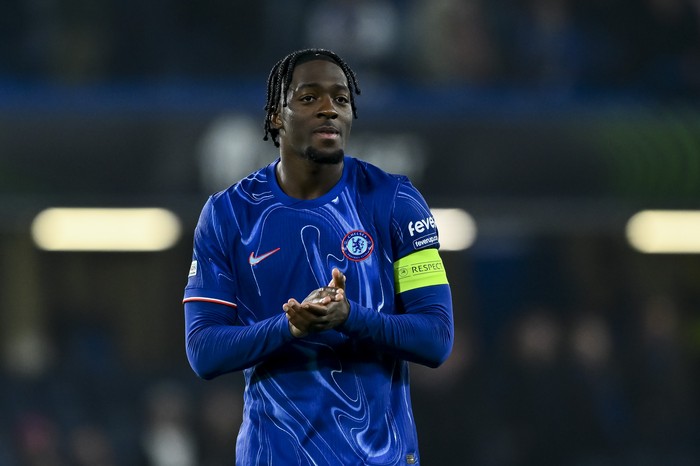 Axel Disasi London, England - November 7: Axel Disasi of FC Chelsea looks on during the UEFA Conference League 2024/25 League Phase MD3 match between Chelsea FC and FC Noah at Stamford Bridge on November 7, 2024 in London, England. (Photo by Vincent Mignott/DeFodi Images via Getty Images)