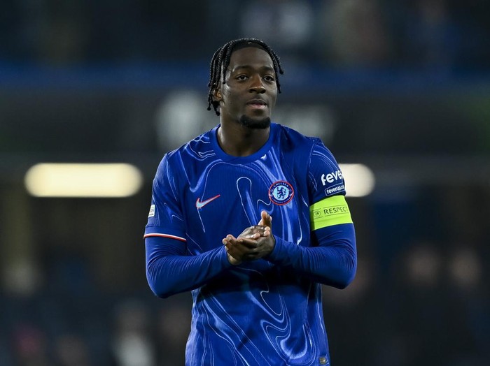 London, England - November 7: Axel Disasi of FC Chelsea looks on during the UEFA Conference League 2024/25 League Phase MD3 match between Chelsea FC and FC Noah at Stamford Bridge on November 7, 2024 in London, England. (Photo by Vincent Mignott/DeFodi Images via Getty Images)