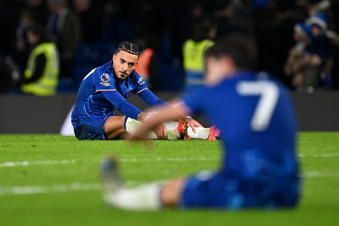 LONDON, ENGLAND - DECEMBER 26: Malo Gusto of Chelsea looks dejected after the teams in the Premier League match between Chelsea FC and Fulham FC at Stamford Bridge on December 26, 2024 in London, England. (Photo by Darren Walsh/Chelsea FC via Getty Images)