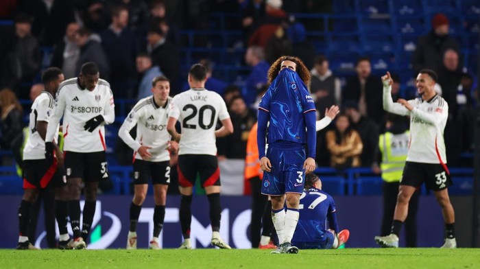 LONDON, ENGLAND - DECEMBER 26: Marc Cucurella of Chelsea reacts to defeat after the Premier League match between Chelsea FC and Fulham FC at Stamford Bridge on December 26, 2024 in London, England. (Photo by Ryan Pierse/Getty Images)