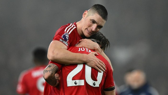 Nikola Milenkovic of Nottingham Forest and Jota Silva of Nottingham Forest celebrate victory during the Premier League match between Nottingham Forest and Tottenham Hotspur at the City Ground in Nottingham, England, on December 26, 2024. (Photo by MI News/NurPhoto via Getty Images)