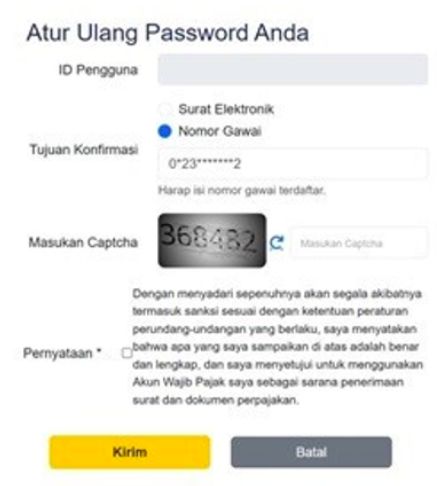 Tampilan layar atur ulang kata sandi. (Dok. pajak.go.id)