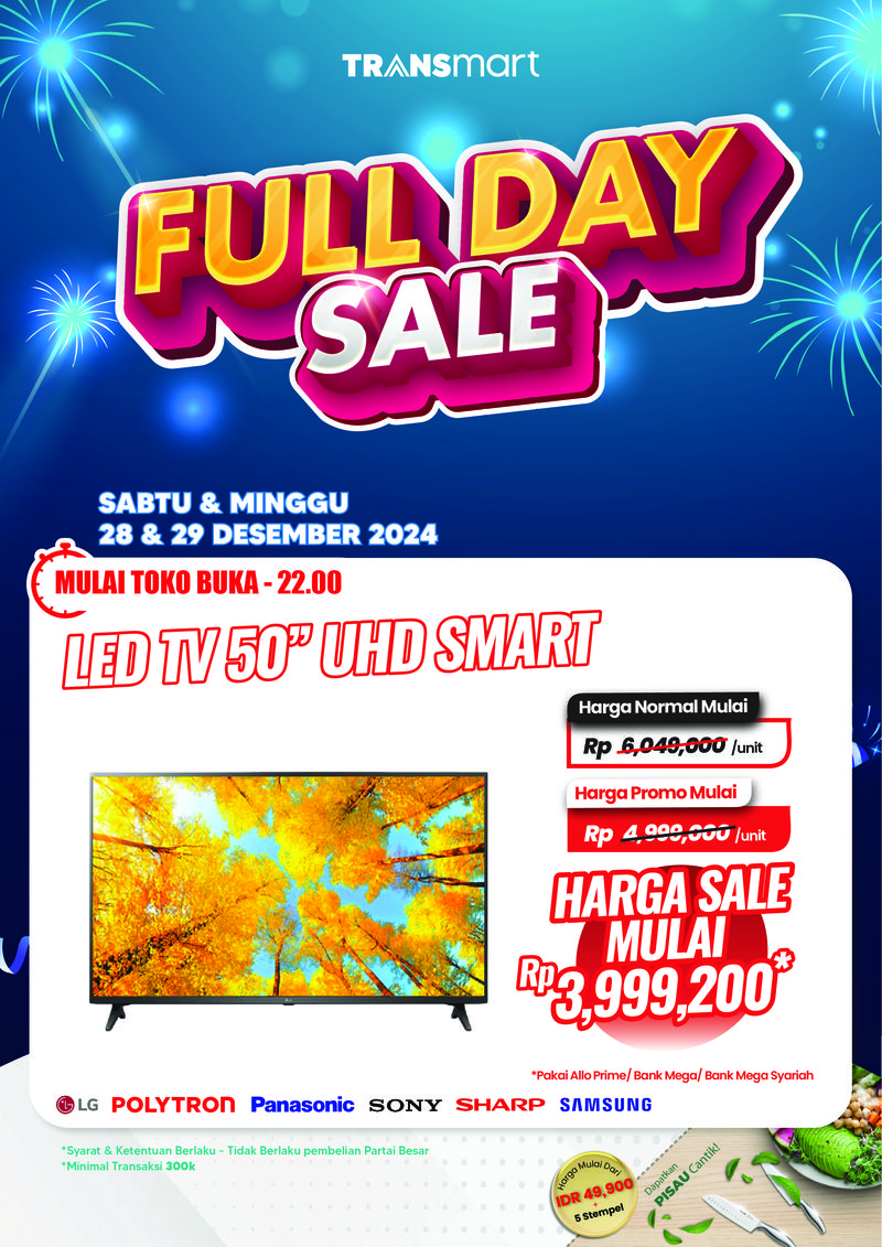 Transsmart All Day Sale kembali hadir pada Minggu 29 Desember 2024. Berbagai promo menarik tersedia untuk pelanggan setia Transmart, salah satunya TV LED.