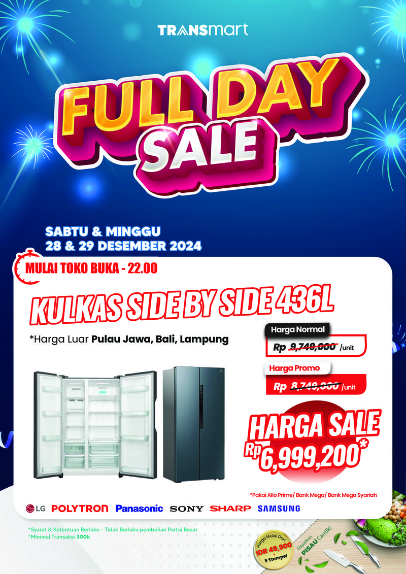 Transsmart All Day Sale kembali hadir pada Minggu 29 Desember 2024 ini. Berbagai promosi menarik ditawarkan untuk memenuhi kebutuhan pelanggan setia Transmart.