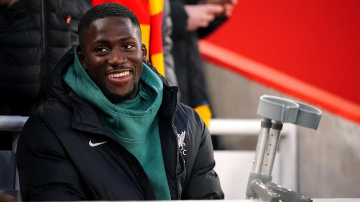 Liverpools Ibrahima Konate with crutches in the stands during the Premier League match at Anfield, Liverpool. Picture date: Sunday December 1, 2024. (Photo by Peter Byrne/PA Images via Getty Images)