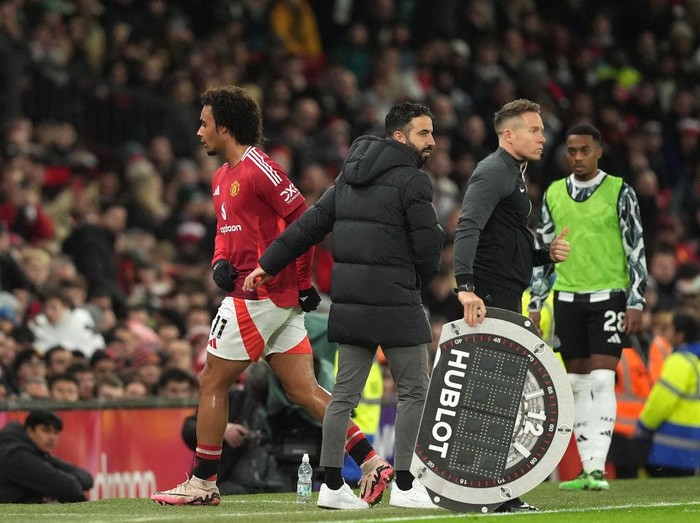 Manchester Uniteds Joshua Zirkzee after being substituted during the Premier League match at Old Trafford, Manchester. Picture date: Monday December 30, 2024. (Photo by Martin Rickett/PA Images via Getty Images)