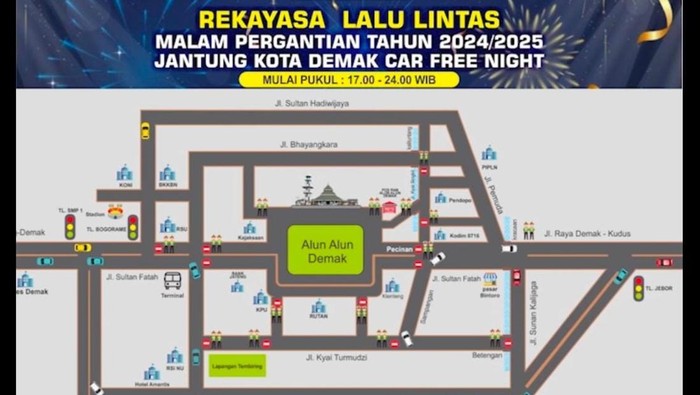 Rekayasa lalin Gambar ilustrasi pengalihan arus kemudian lintas menuju Alun-alun Demak jelang malam tahun gres 2025.