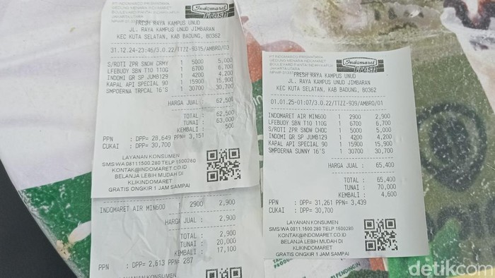 Struk atau bukti pembelian barang di suatu supermarket di Jalan Raya Kampus Unud pada Selasa (31/12/2024) dan Rabu (1/1/2025). (Aryo Mahendro/detikBali). Struk atau bukti pembelian barang di suatu supermarket di Jalan Raya Kampus Unud pada Selasa (31/12/2024) dan Rabu (1/1/2025). (Aryo Mahendro/detikBali).