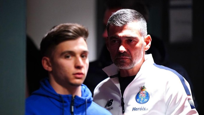 FC Porto manager Sergio Conceicao (right) and Francisco Conceicao during a press conference at the Emirates Stadium, London. Picture date: Monday March 11, 2024. (Photo by Zac Goodwin/PA Images via Getty Images)