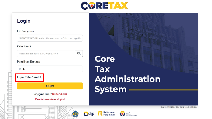 Tampilan login Coretax tata cara pajak gres berlaku 1 Januari 2025.