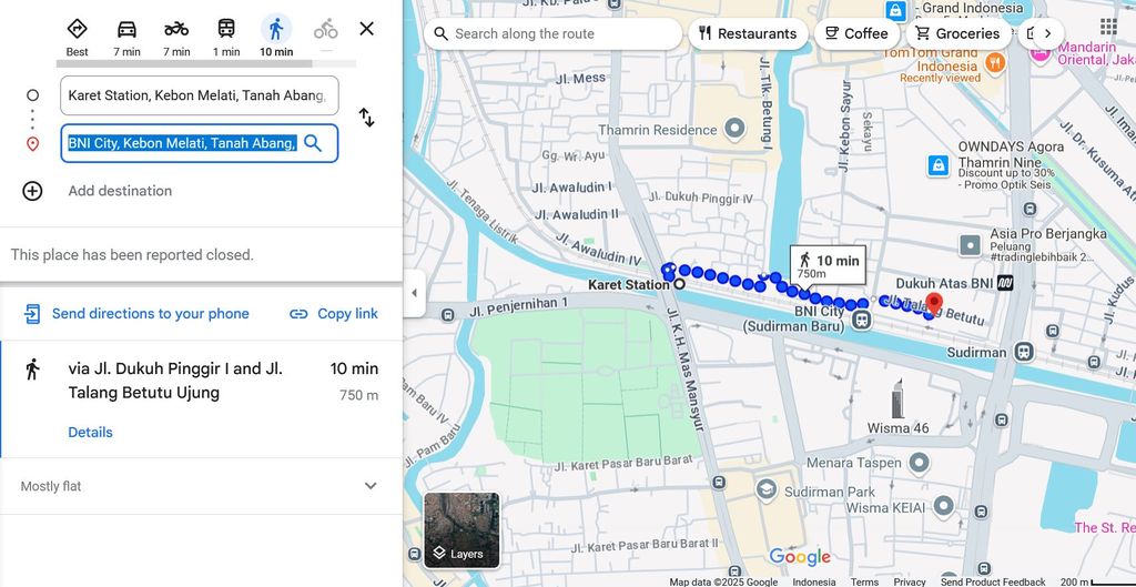 Jarak antara Stasiun Karet dan Stasiun BNI City