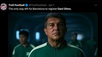 Masalah keuangan menjadi penyebab utama Barcelona gagal mendaftarkan Dani Olmo. Laporta disuruh ikut Squid Game, permainan horor berhadiah miliaran, biar dapat uang. (Foto: Twitter @TrollFootball)