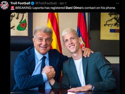 Ledekan bertebaran di media sosia. Laporta disebut sudah mendaftarkan Olmo, tapi sebagai nomor kontak di ponselnya. Duh. (Foto: Twitter @TrollFootball)