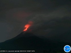 Gunung Lewotobi Laki-laki Meletus, Tampak Merah Pijar di Gelap Malam