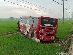 Bus Masuk Sawah Usai Tabrak Pikap di Ngawi, Satu Orang Tewas