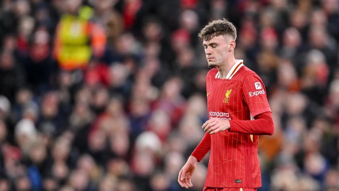 Liverpool, England - November 27: Conor Bradley of Liverpool FC looks dejected during the UEFA Champions League 2024/25 League Phase MD5 match between Liverpool FC and Real Madrid C.F. at Anfield on November 27, 2024 in Liverpool, England. (Photo by Harry Langer/DeFodi Images via Getty Images)