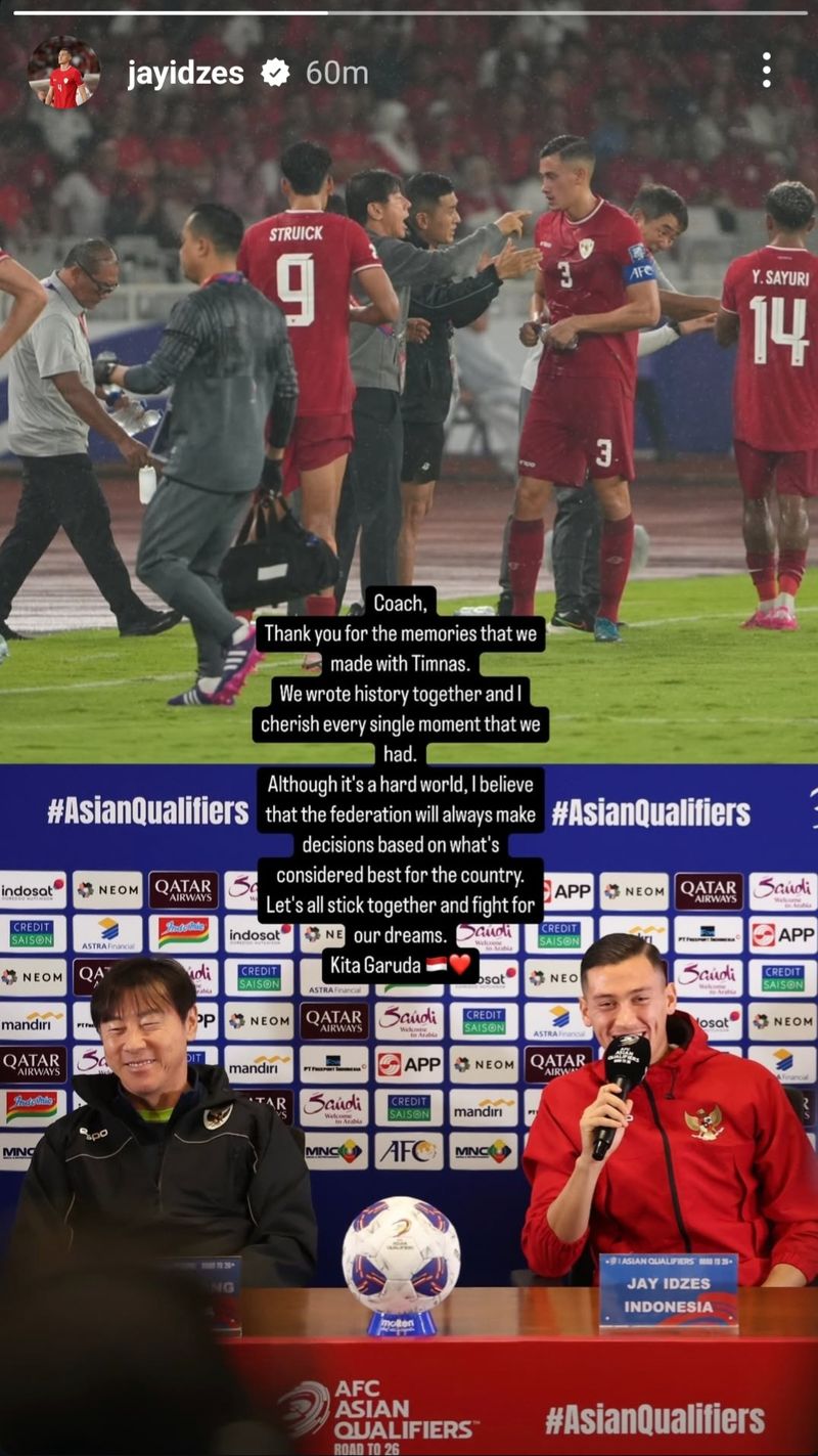 Instagram story Jay Idzes soal STY