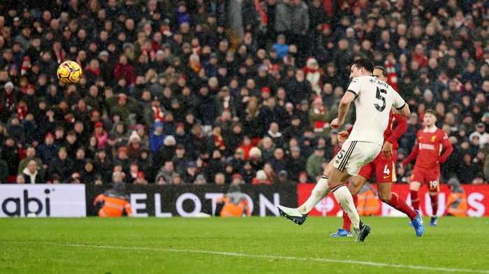 LIVERPOOL, ENGLAND - JANUARY 05: Harry Maguire of Manchester United misses a chance during the Premier League match between Liverpool FC and Manchester United FC at Anfield on January 05, 2025 in Liverpool, England. (Photo by Carl Recine/Getty Images)