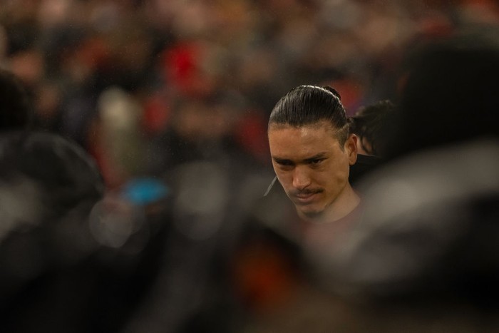 Liverpools Darwin Nunez participates in the Premier League match between Liverpool and Manchester United at Anfield in Liverpool, England, on January 5, 2025. (Photo by MI News/NurPhoto via Getty Images)