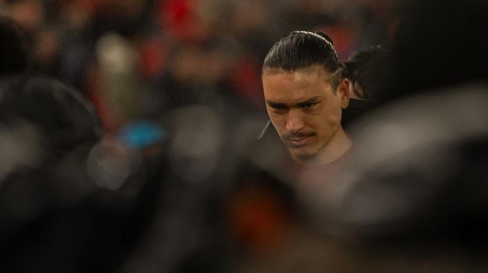Liverpools Darwin Nunez participates in the Premier League match between Liverpool and Manchester United at Anfield in Liverpool, England, on January 5, 2025. (Photo by MI News/NurPhoto via Getty Images)