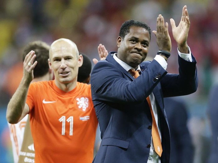 , BRAZIL - JULY 5: assistent trainer Patrick Kluivert of Holland celebrates the victory 

 during the  World Cup match between Holland  v Costa Rica  on July 5, 2014 (Photo by Laurens Lindhout/Soccrates/Getty Images)