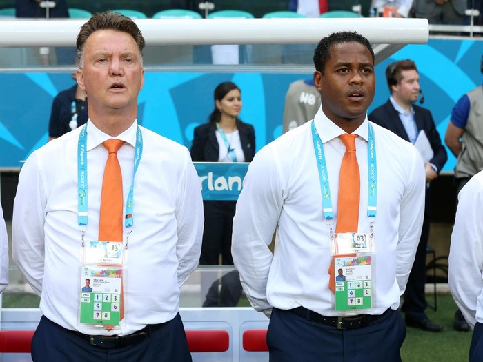 SALVADOR, BRAZIL - JUNE 13:  Head coach of the Netherlands Louis Van Gaal and his assistant Patrick Kluivert look on during the 2014 FIFA World Cup Brazil Group B match between Spain and Netherlands at Arena Fonte Nova on June 13, 2014 in Salvador, Brazil. (Photo by Jean Catuffe/Getty Images)
