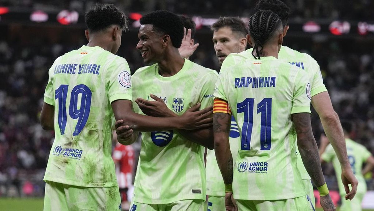 Barcelona ke final Piala Super Spanyol 2025 usai mengalahkan Athletic Bilbao di semifinal (Foto: AP/Altaf Qadri)