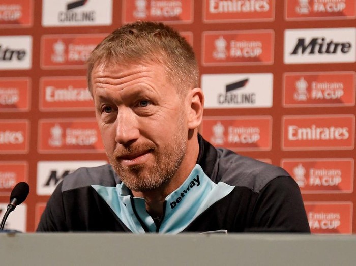 ROMFORD, ENGLAND - JANUARY 09: (EDITOR'S NOTE: Alternative crop of image #2193140629) Graham Potter of West Ham United holds his first press conference as Head Coach on January 09, 2025 in Romford, England. (Photo by West Ham United FC/West Ham United FC via Getty Images)